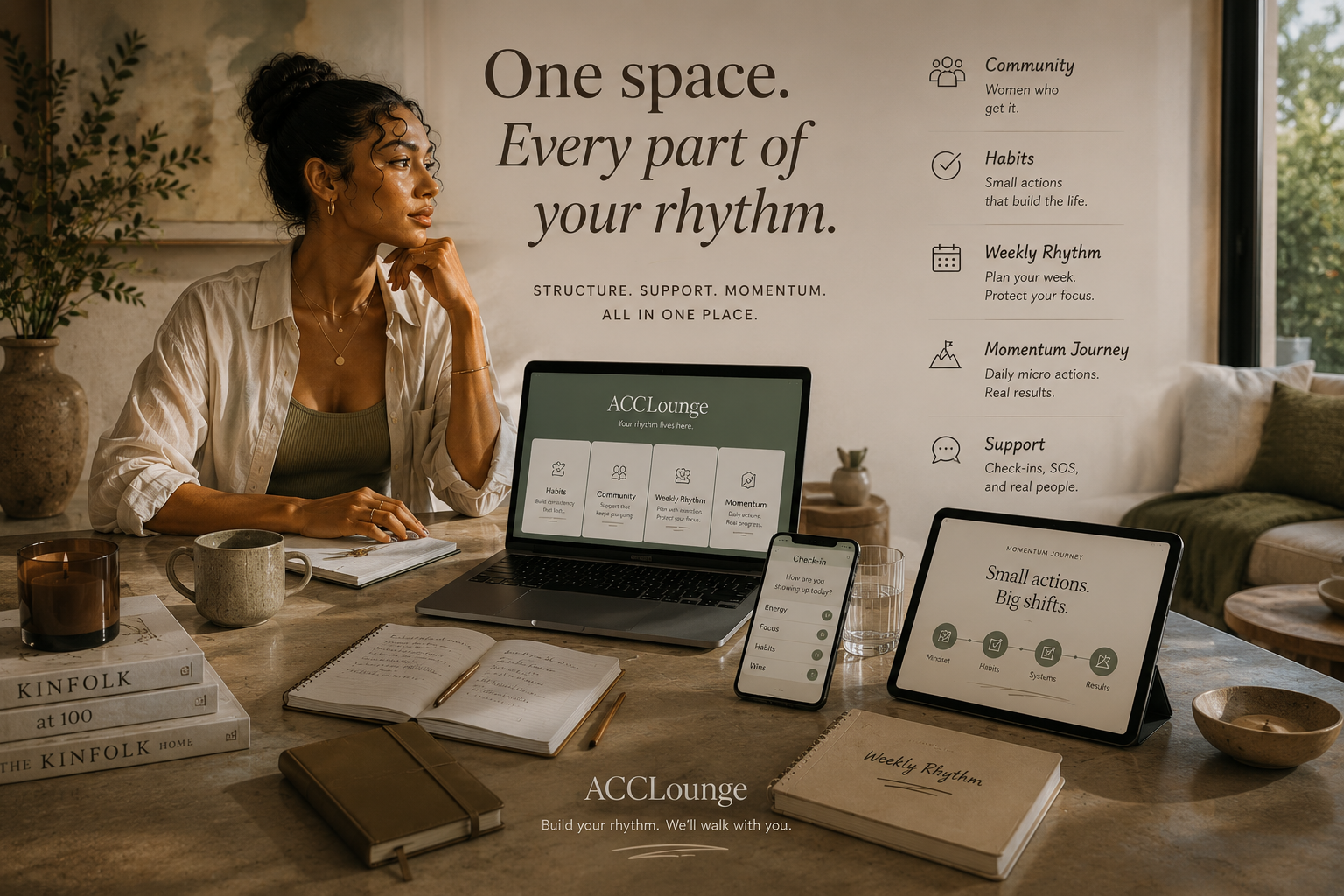 A woman at a sunlit table with a laptop, tablet, journal and phone showing the Accountability Lounge rhythm: community, habits, weekly rhythm, and momentum journey.